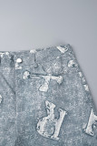 Cinza Casual Estampado Patchwork Regular Cintura Alta Calça Convencional Com Estampa Completa