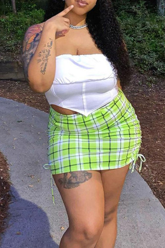 Green Street Plaid Patchwork Draw String Strapless Sleeveless Two Pieces