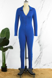 Blue Sexy Solid Patchwork Buckle V Neck Skinny Jumpsuits