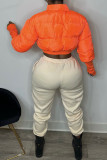 Orangefarbene, lässige, solide Patchwork-Oberbekleidung mit Reißverschlusskragen