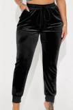 Schwarze, lässige, solide Patchwork-Hose mit Kordelzug und Tasche, normale mittlere Taille, herkömmliche einfarbige Hose