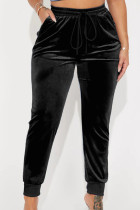 Negro Casual Sólido Patchwork Dibujar Bolsillo con cordón Regular Media cintura Convencional Color sólido Fondos