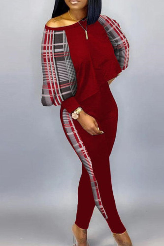 Red Casual Print Patchwork Oblique Collar Plus Size Two Pieces