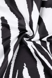 Zwarte casual print uitgeholde split U-hals lange mouwen plus size jurken
