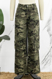 Legergroene casual denim jeans met camouflageprint en patchwork met middelhoge taille