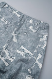 Cinza Casual Estampado Patchwork Regular Cintura Alta Calça Convencional Com Estampa Completa