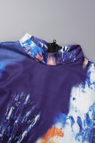 Vestidos de saia enrolados em patchwork com estampa azul elegante e decote em O