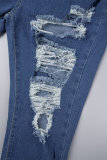 Deep Blue Street Solid Patchwork Pocket Buttons Zipper High Waist Ripped Skinny Denim Jeans