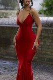 Rote sexy feste rückenfreie Spaghetti-Bügel-lange Kleid-Kleider