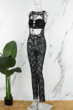 Black Sexy Solid Lace Hollowed Out Patchwork See-through O Neck Skinny Jumpsuits