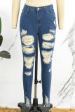 Deep Blue Street Solid Ripped Patchwork Fickknappar Dragkedja Hög midja Skinny Denim Jeans