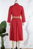 Rosso casual solido con cintura colletto alla coreana abiti a maniche lunghe