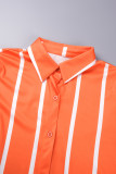 Orange décontracté rayé imprimé patchwork col de chemise manches longues deux pièces