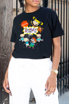 T-shirts à col rond en patchwork à imprimé de personnages mignons noirs