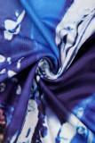 Vestidos de saia enrolados em patchwork com estampa azul elegante e decote em O