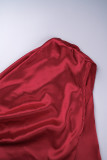 Rosso sexy solido senza schienale con fessura obliqua colletto senza maniche in due pezzi