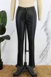 Matte Black Casual Solid Patchwork Skinny High Waist Pencil Solid Color Trousers