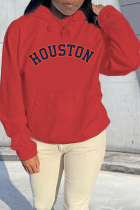 Red Casual Print Draw String Letter Hooded Collar Tops