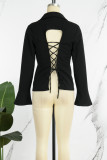 Black Sexy Solid Bandage Patchwork Buttons Backless Turndown Collar Tops