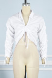 White Casual Street Solid Patchwork Draw String Turndown Collar Tops