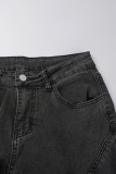 Black Street College Solid Patchwork Pocket Buttons Zipper Mid Waist Regular Cargo Denim Jeans