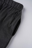 Schwarzes Street Solid ausgehöhltes Patchwork-Taschenschnallen-Mandarin-Kragen-Langarm-Zweiteiler