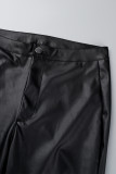 Preto fosco casual sólido retalhos magro cintura alta lápis calças de cor sólida