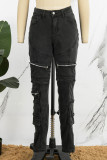 Черные однотонные джинсы для колледжа в стиле пэчворк с карманами и пуговицами на молнии со средней талией, обычные джинсовые джинсы