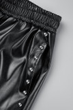 Zwart casual effen patchwork zaksplit kralen recht midden taille rechte effen kleur broek