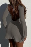Повседневные однотонные базовые платья цвета хаки с круглым вырезом и длинными рукавами