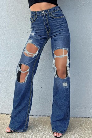 Blue Casual Solid High Waist Distressed Skinny Ripped Denim Jeans
