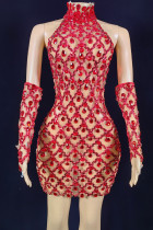 Röd Sexig Solid Patchwork Genomskinlig Hot Drill Turtleneck Pencil Skirt-klänningar (inklusive ärmen)