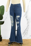 Donkerblauwe casual effen gescheurde denim jeans met hoge taille en bootcut