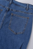 Donkerblauwe casual effen gescheurde denim jeans met hoge taille en bootcut
