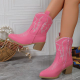 Zapatos de puerta cómodos y puntiagudos con patchwork bordado informal rosa (altura del tacón 1.77 pulgadas)