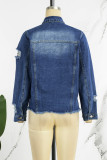 Blue Casual Solid Ripped Patchwork Cardigan Turndown Collar Long Sleeve Regular Denim Jacket