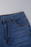 Azul Escuro Casual Sólido Rasgado Cintura Alta Bota Jeans Jeans