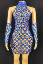 ロイヤルブルーのセクシーなソリッドパッチワークシースルーホットドリルタートルネックペンシルスカートドレス(袖を含む)
