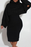 Schwarzes, elegantes, einfarbiges Patchwork-Rollkragenpullover mit langen Ärmeln, Zweiteiler