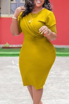 Gele casual effen patchwork jurk met korte mouwen en ronde hals