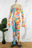 Colour Sexy Casual Print Backless Off the Shoulder Skinny Jumpsuits