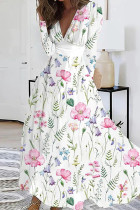 Wit roze casual print patchwork jurken met V-hals en lange mouwen