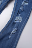 Dark Blue Casual Solid Ripped High Waist Boot Cut Denim Jeans