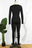 Black Sexy Solid Hollowed Out O Neck Skinny Jumpsuits