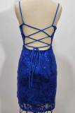 Blue Sexy Casual Patchwork Sequins Frenulum Backless Spaghetti Strap Wrapped Skirt Dresses