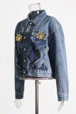 Синяя повседневная джинсовая куртка с отложным воротником и длинными рукавами в стиле пэчворк на пуговицах (в зависимости от фактического объекта)