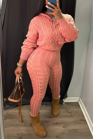 Pink Casual Solid Patchwork Hooded Collar Long Sleeve Two Pieces