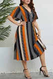 Veelkleurige casual print patchwork jurk met V-hals en korte mouwen Grote maten jurken