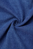 Chaqueta cárdigan de retazos rasgados sólidos casuales cuello vuelto manga larga denim regular azul