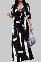 Schwarze, elegante, bedruckte Bandage-Patchwork-Kleider mit V-Ausschnitt und bedrucktem Kleid